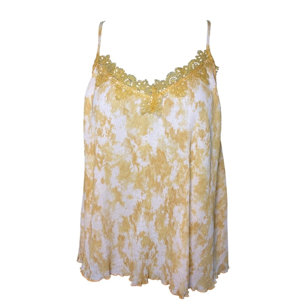 Nwt‎ Med Lace trim Pleated yellow tie dye flowy summer boho crochet swing light